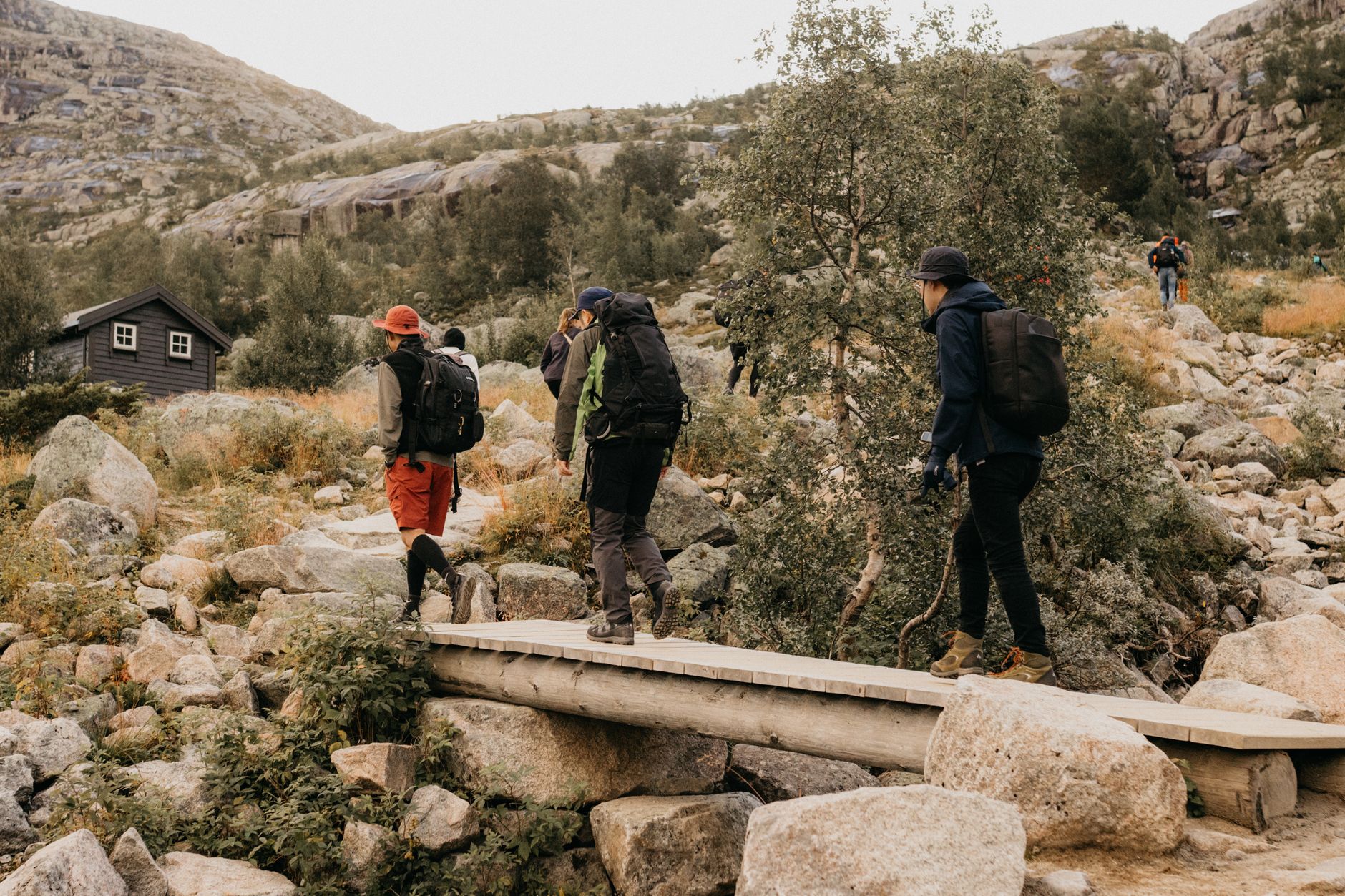 Grupa dorosłych na drewnianym moście podczas letniego trekkingu w Norwegii